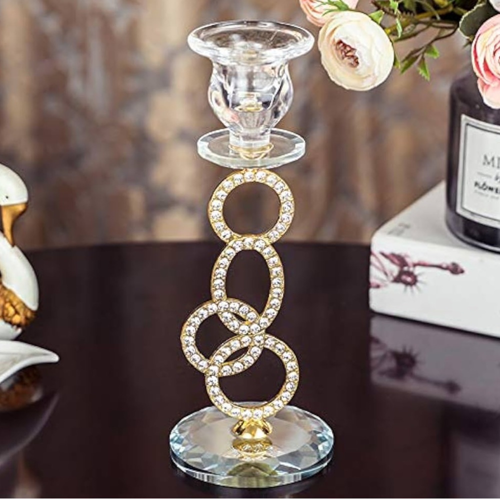 Set Of Two Gold Metal & Crystal Tapered Candle Holders - Picture 2 of 9